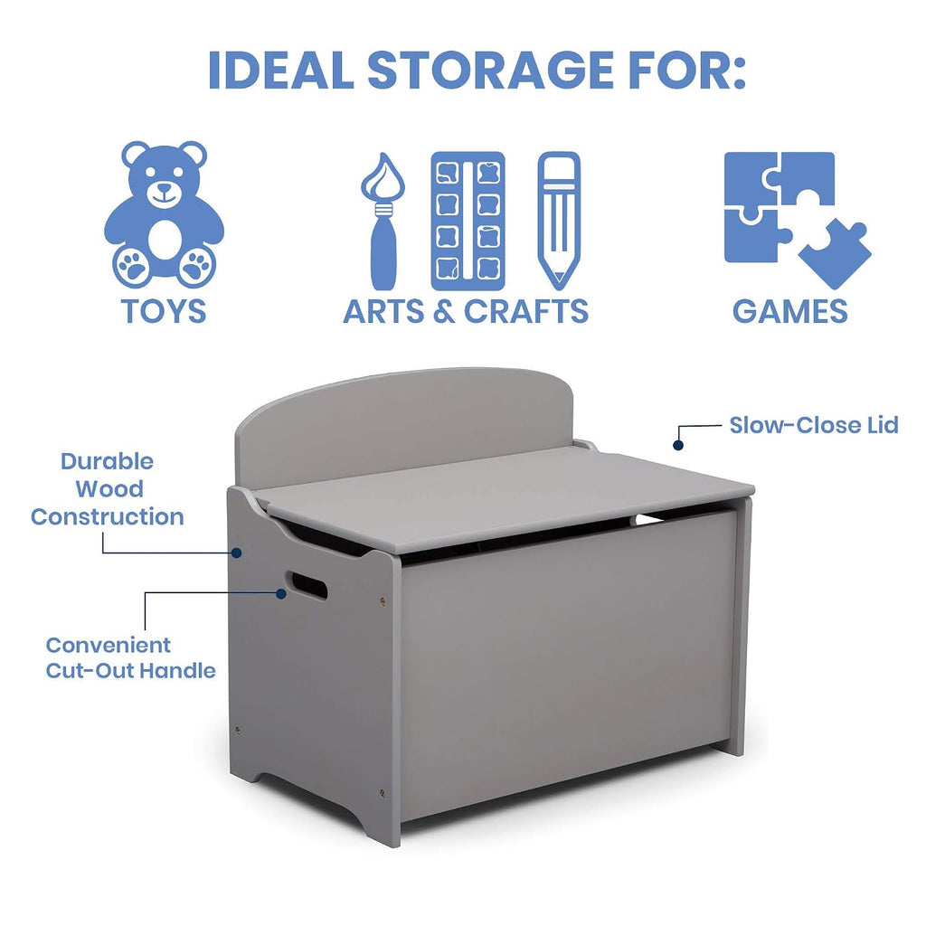 Delta Children MySize Toddler Bed, Grey + MySize Kids Wood Table and 2 Chair Set + MySize Deluxe Toy Box (Bundle)