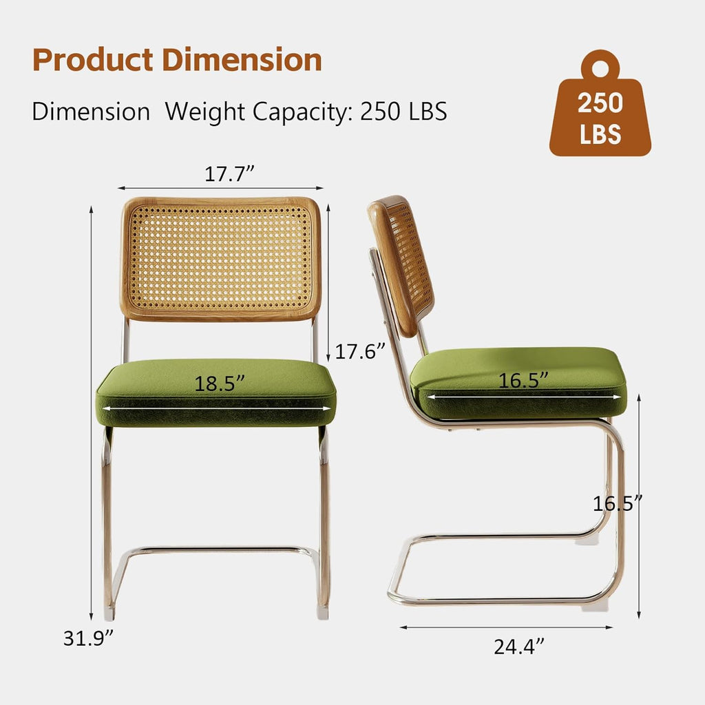 Rattan Back Velvet Dining Chair Set of 6 Modern Stainless Chrome Base Armless Upholstered Side Chair for Dining Room, Kitchen Island, Olive Green