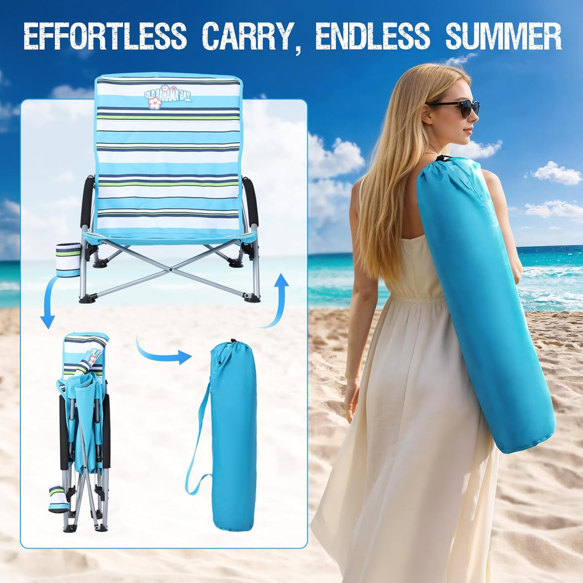 Old Bahama Bay 2 Pack Ergonomic Low Beach Chair for Back Support – Heavy Duty 350lbs Folding Sand Chair, Cup Holder & Carry Bag – Lightweight Portable Seat for Beach, Camping, Concerts,Stripe Design