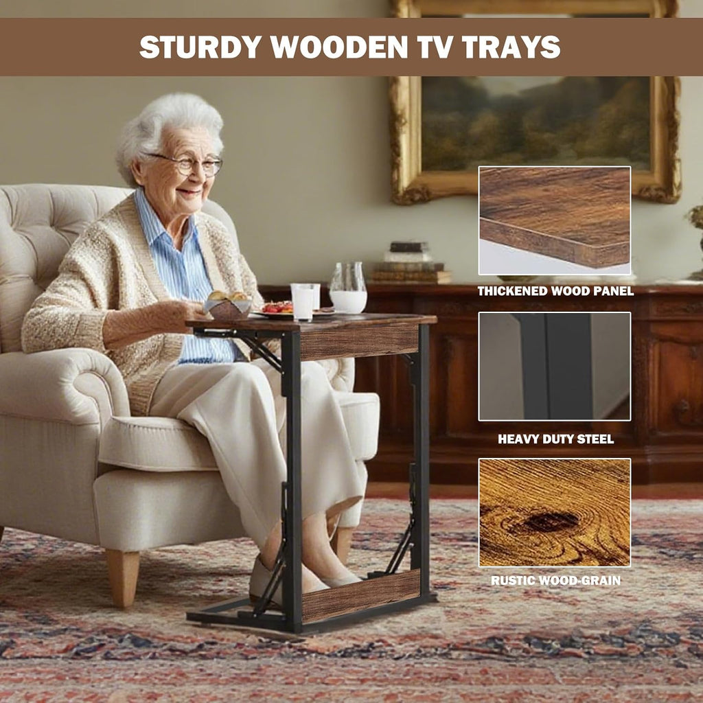 Folding TV Trays Set of 2 , Adjustable Height TV Trays for Eating on Couch | TV dinner tray table with tablet&phone slots,c shaped end table,laptop desk for sofa,bedside,recliner,dining,working,gaming