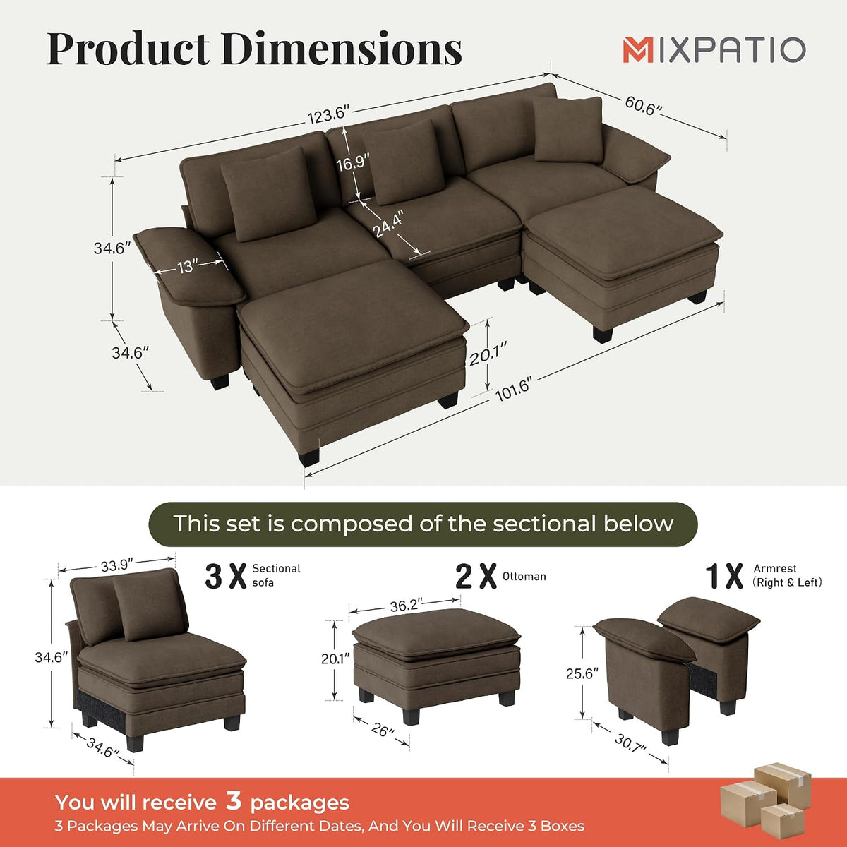 MIXPATIO 124" 5-Seat U Shaped Modular Sectional Sofa,Chenille Taupe | Modern Sectional Couches for Living Room, Wider Armrest and Deep Seat, Comfy Cloud Sofa, Soft Chenille Furniture