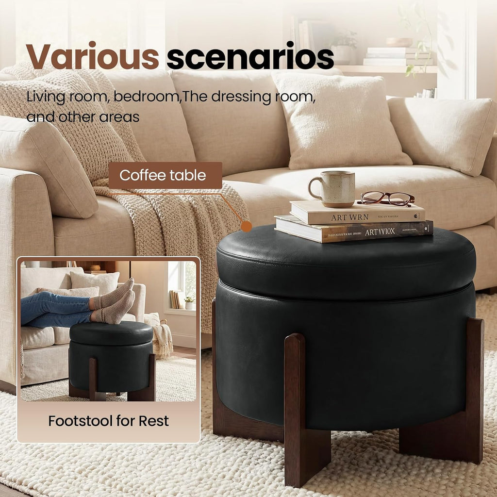 Leather Ottoman with Storage and Ash Wood Legs, Modern Foot Stool，Round Storage Ottoman Coffee Table for Living Room,Bedroom (Black)