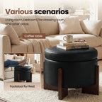 Leather Ottoman with Storage and Ash Wood Legs, Modern Foot Stool，Round Storage Ottoman Coffee Table for Living Room,Bedroom (Black)