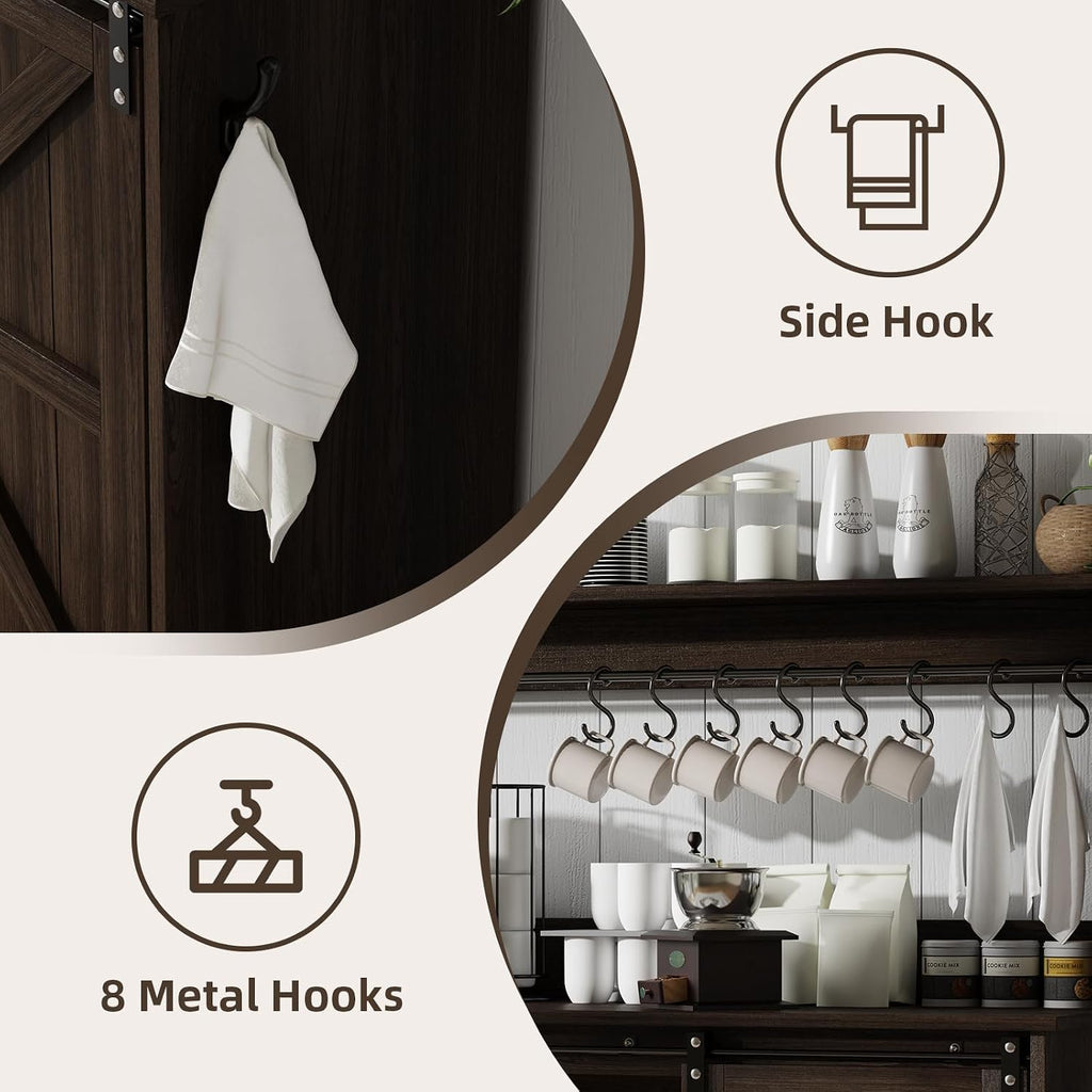 4ever2buy 55" Farmhouse Coffee Bar Cabinet with Storage & Wine Rack, Oak | Storage Hutch with Adjustable Shelves, Wine Rack and 8 Hooks for Living Room or Dining Room Storage