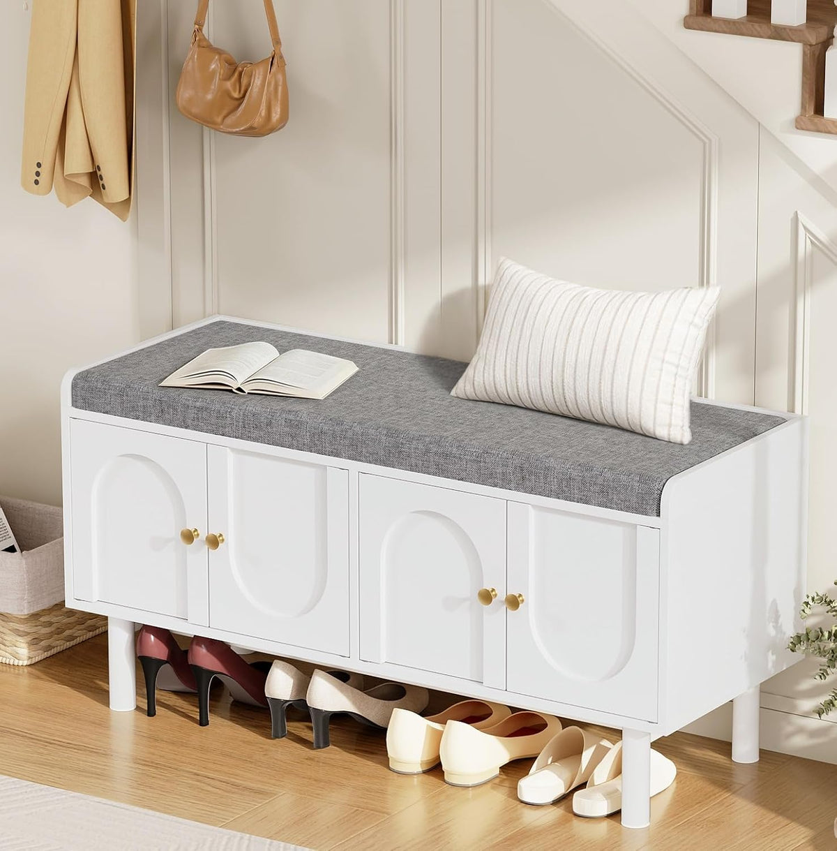 Shoe Storage Bench, 2-Tier Entryway Bench with Cushion, 15" D x 39.4" W x 19.7" H, Shoe Cabinet Bench with 4 Doors and Adjustable Shelves, for Entryway, Hallway, Bedroom, Living Room, White