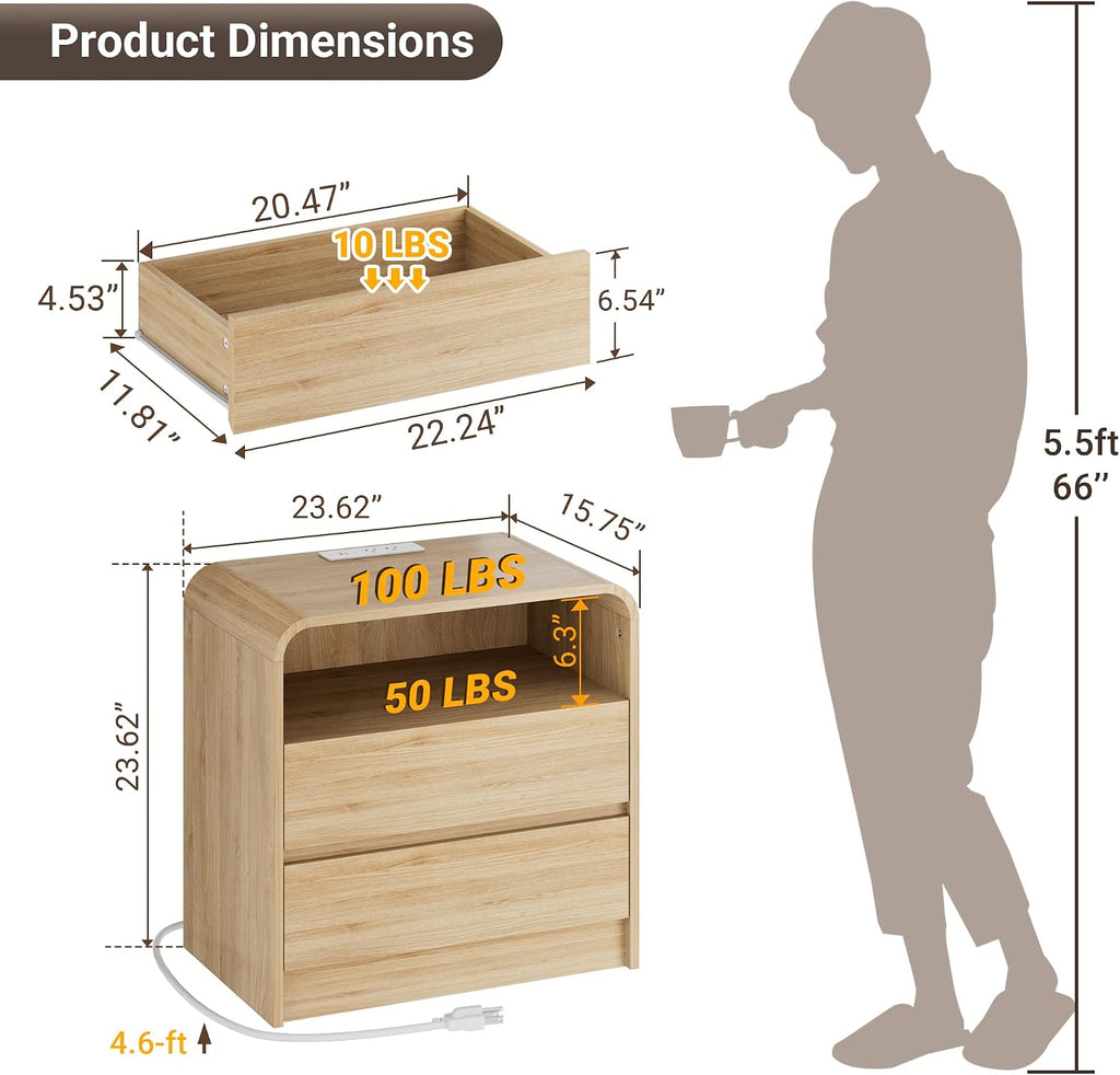 23"W 2 Drawer Nightstand with Charging Station and RGB LED Light | Curved Profile, Natural Oak, Handleless, Bedroom, FSC-Certified Wood, Modern, Open Shelf, Night Stand, End Table