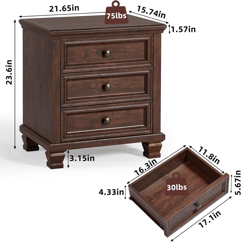 SAVOR LIFE 3-Drawer Nightstand Set of 2 with Solid Wood Legs,Walnut | Pair of three-drawer bedside tables with sturdy square wood legs for matching bedroom storage or living-room end tables