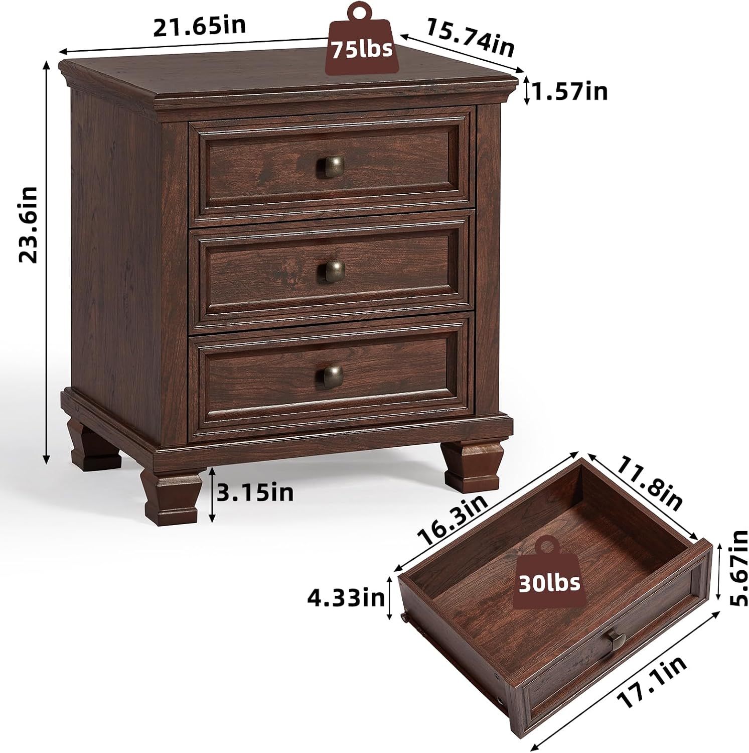 SAVOR LIFE 3-Drawer Nightstand Set of 2 with Solid Wood Legs,Walnut | Pair of three-drawer bedside tables with sturdy square wood legs for matching bedroom storage or living-room end tables