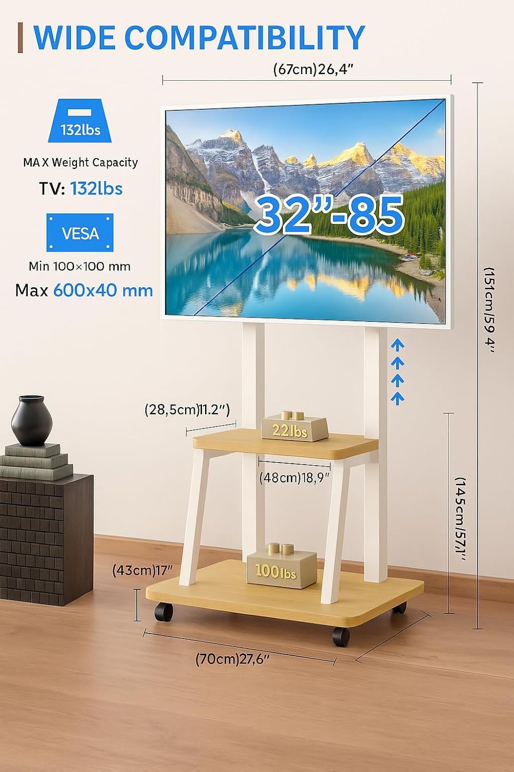 Rolling TV Stand for 32-80 Inch TVs, TV Cart with Power Outlet | TV Stand for Living Room, Outdoor TV Stand with Wheels, TV Stands for LCD OLED 4K Flat/Curved Panels Max VESA 600x400mm