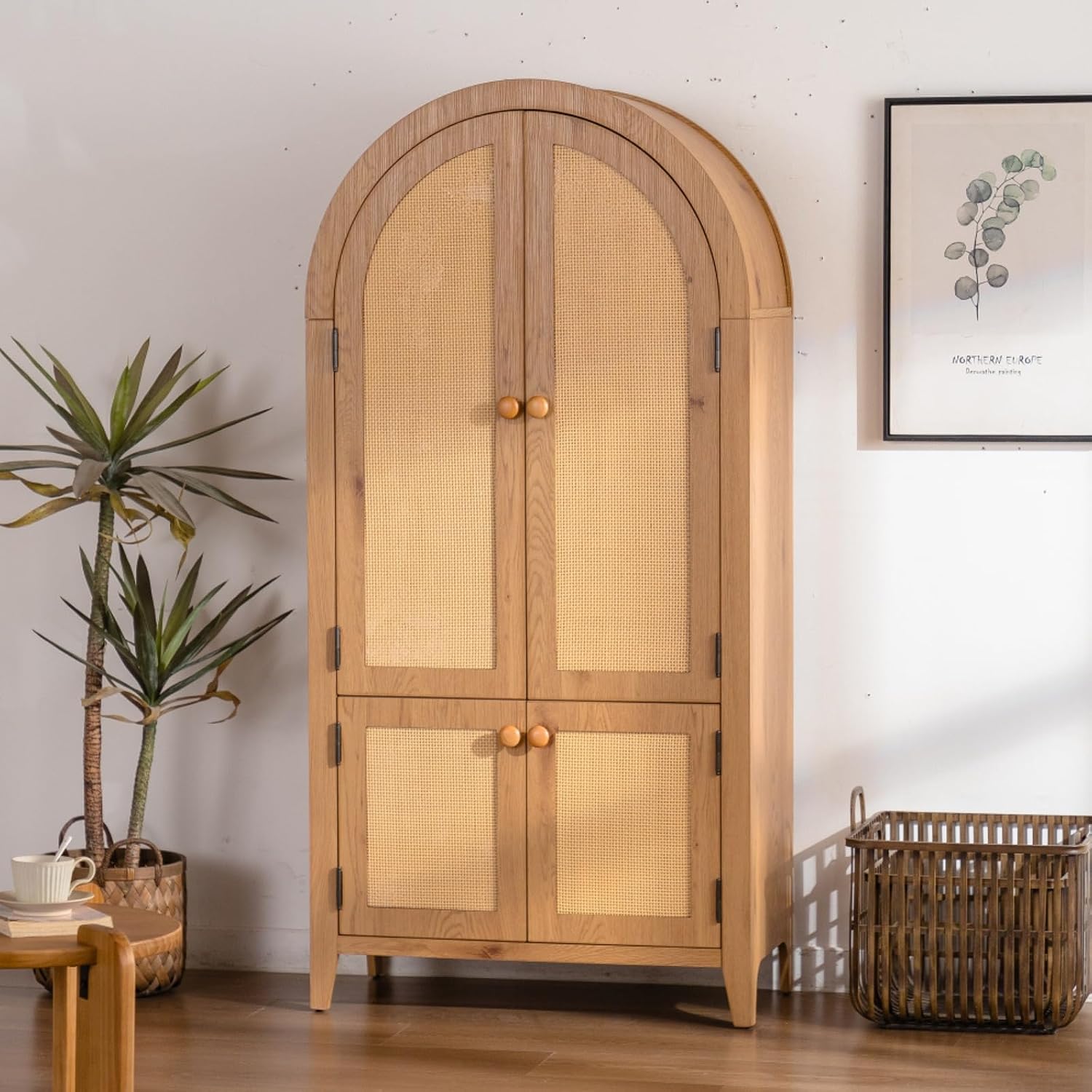 Hassyee Arched Kitchen Pantry Cabinet, Arched Bookcase Rattan Storage Cabinet with Doors Adjustable Shelves, Farmhouse Freestanding Cupboard for Bathroom, Living Room, Dining Room