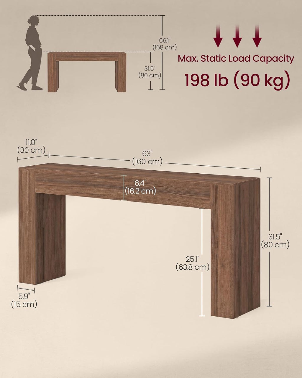 VASAGLE 63 Inches Entryway Table, Thick Tabletop Console Table, Farmhouse | Long Console Table, for Hallway, Living Room, Bedroom, Behind the Couch, Chestnut Brown, ULNT147KX01S