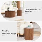 Fluted Round Nesting Coffee Table Set of 2, Mid Century Modern Wood Coffee Table and End Table Set, Minimalist Center Tables Circle Side Table for Living Room, Office(Walnut)