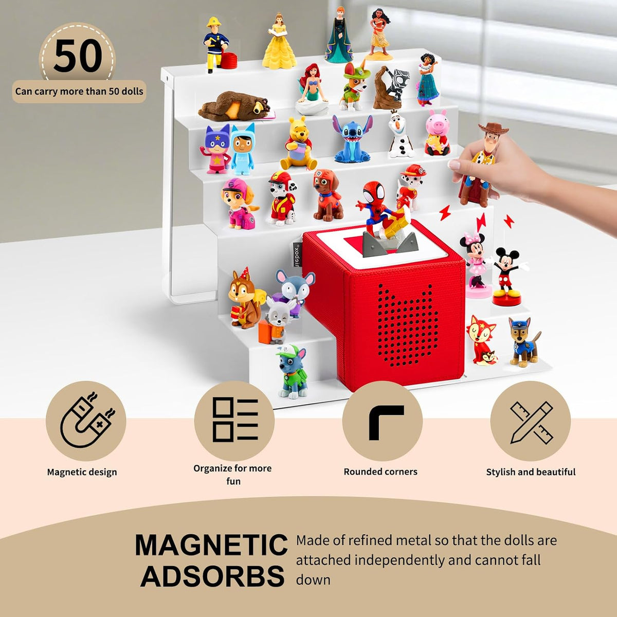 6-Tier Metal Tonies Shelf Magnetic, Compatible with Toniesbox 1 & 2 | Tonies Storage for Tonies Figures 50 Characters, White Desktop Display Shelf
