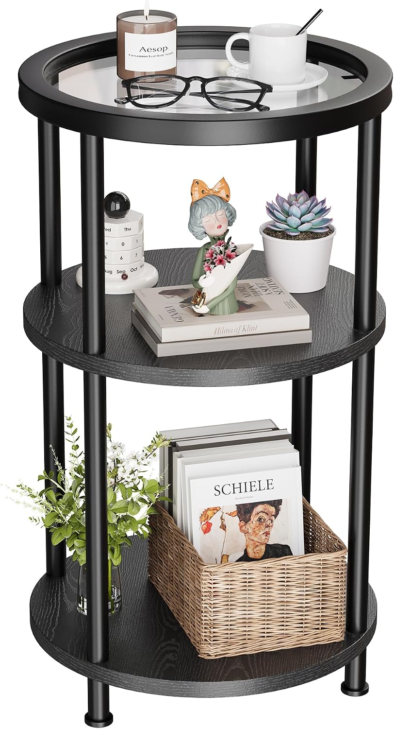 Homeiju Glass Side Table, 3-Tier Glass End Table with Adjustable Feet, Bedside Table for Small Space for Living Room, Balcony, Bedroom, Black