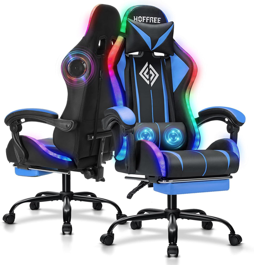RGB Gaming Chair with Bluetooth Speakers and LED Lights Computer Chair-Blue | Ergonomic Massage Game Chair with Footrest High Back Music Video Game Chair for Adults Boys Gamer Chairs with Lumbar Support