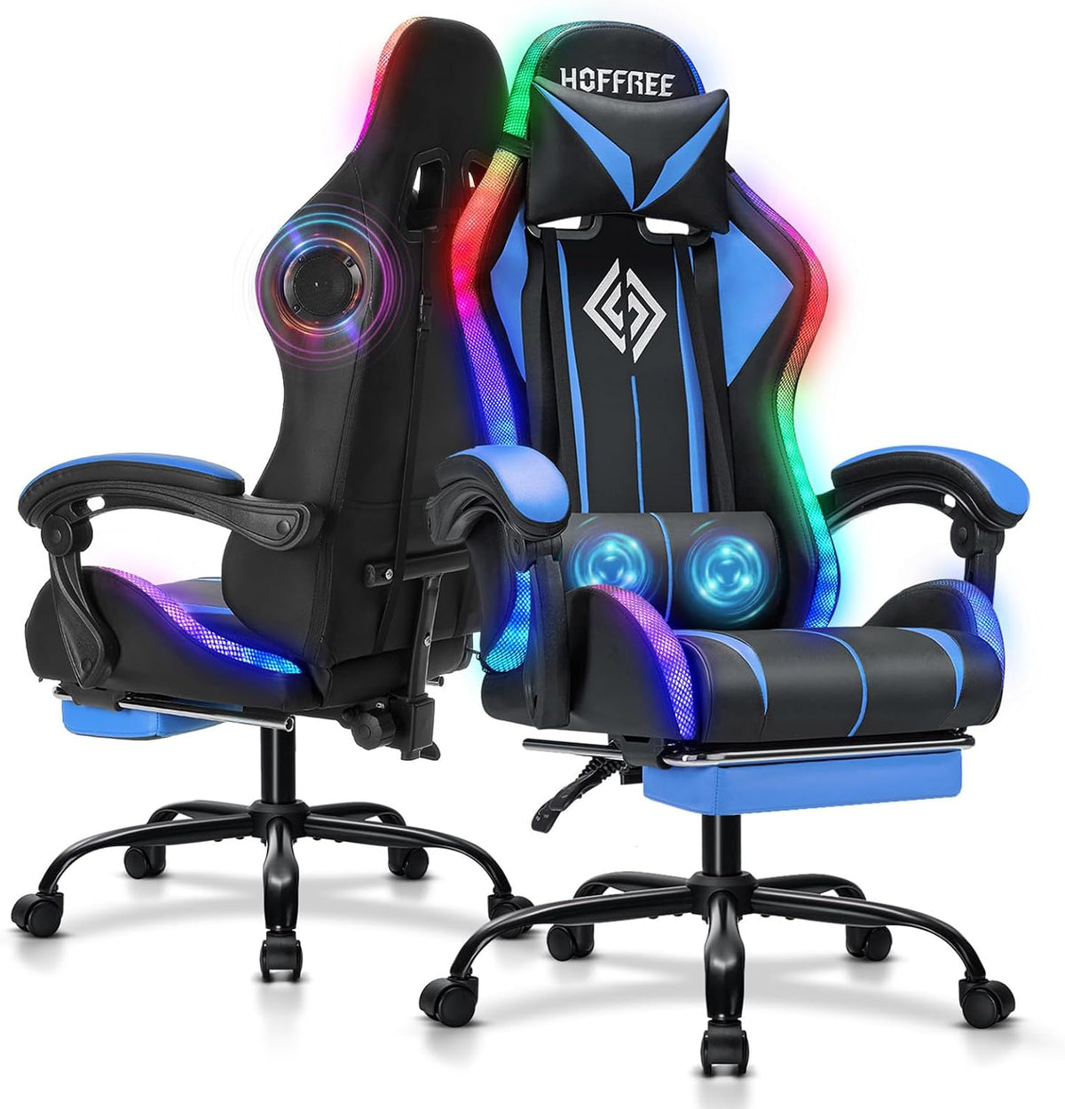 RGB Gaming Chair with Bluetooth Speakers and LED Lights Computer Chair-Blue | Ergonomic Massage Game Chair with Footrest High Back Music Video Game Chair for Adults Boys Gamer Chairs with Lumbar Support