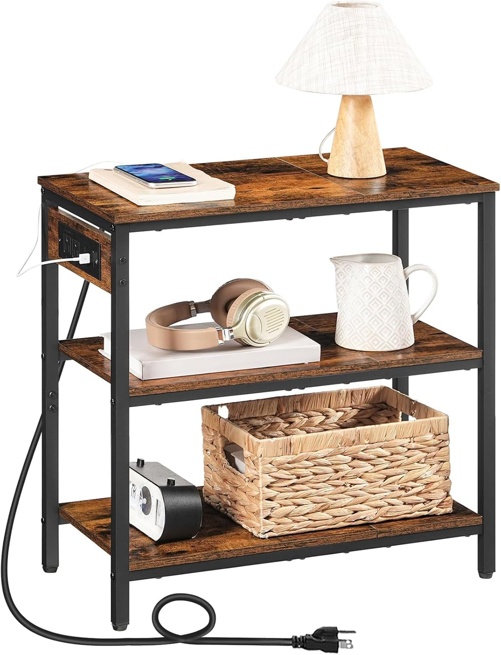 HOOBRO End Table with Charging Station, Side Table with 3 Tier Storage Shelf, Narrow Nightstand for Small Spaces, for Living Room, Bedroom, Easy Assembly, Rustic Brown and Black BF149UBZ01