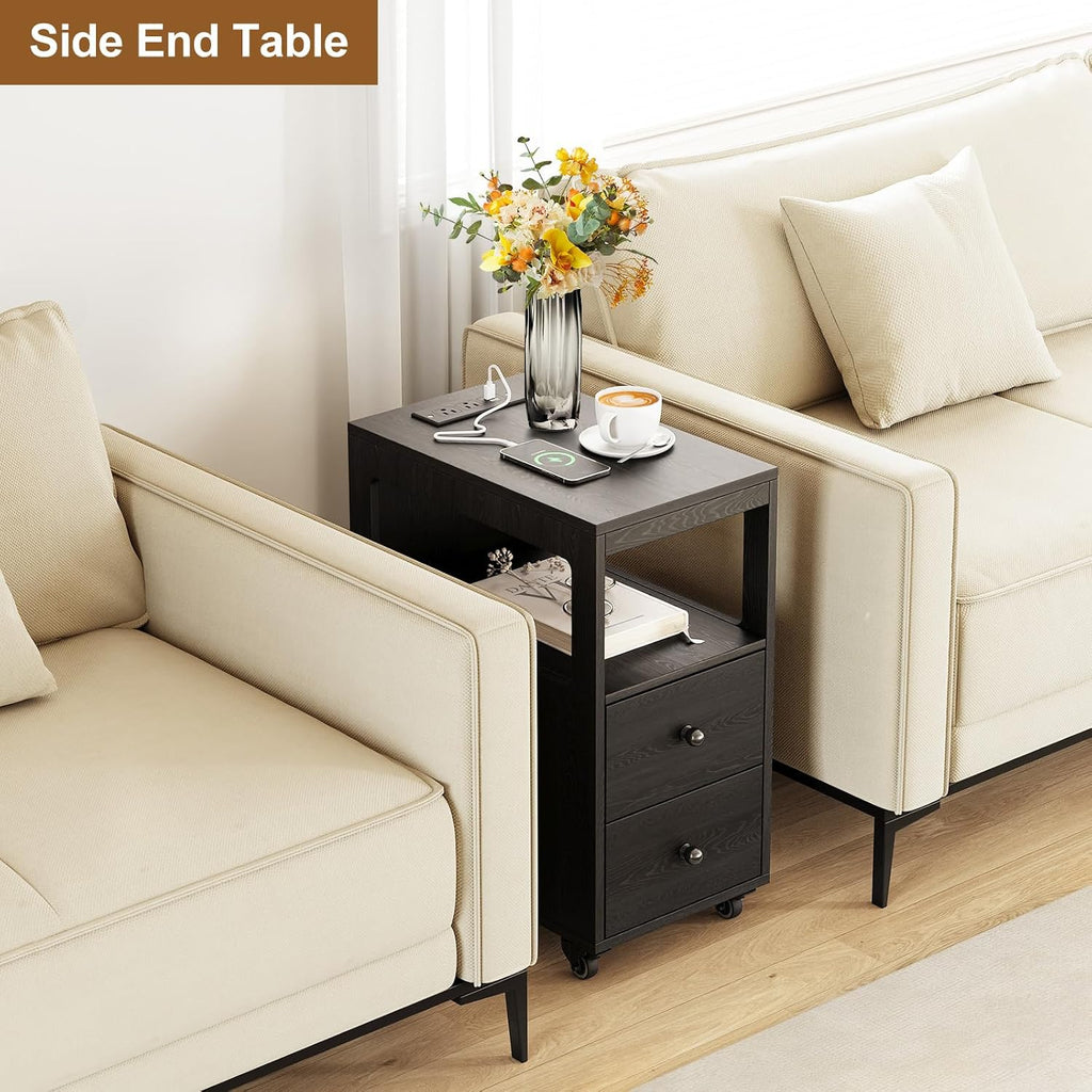 Narrow End Table with Charging Station and Wheels, Movable Narrow Sofa Side Table with USB Ports and Outlets for Small Space, Living Room, Bedroom and Office, Bedside with 4 Wheels (Black)