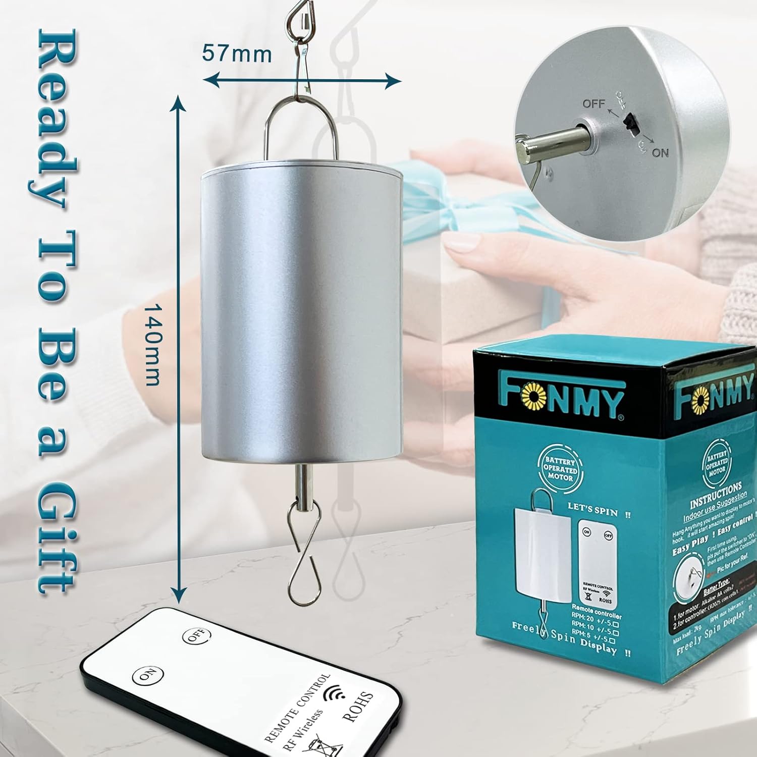 FONMY Disco Ball Motor with Remote Battery Operated 10RPM Hanging Display Rotating Motor for Wind Spinner Baby Crib Wind Chime Mobile Yard Decor Ornaments Outdoor Sculptures-Silver Color-Low Speed
