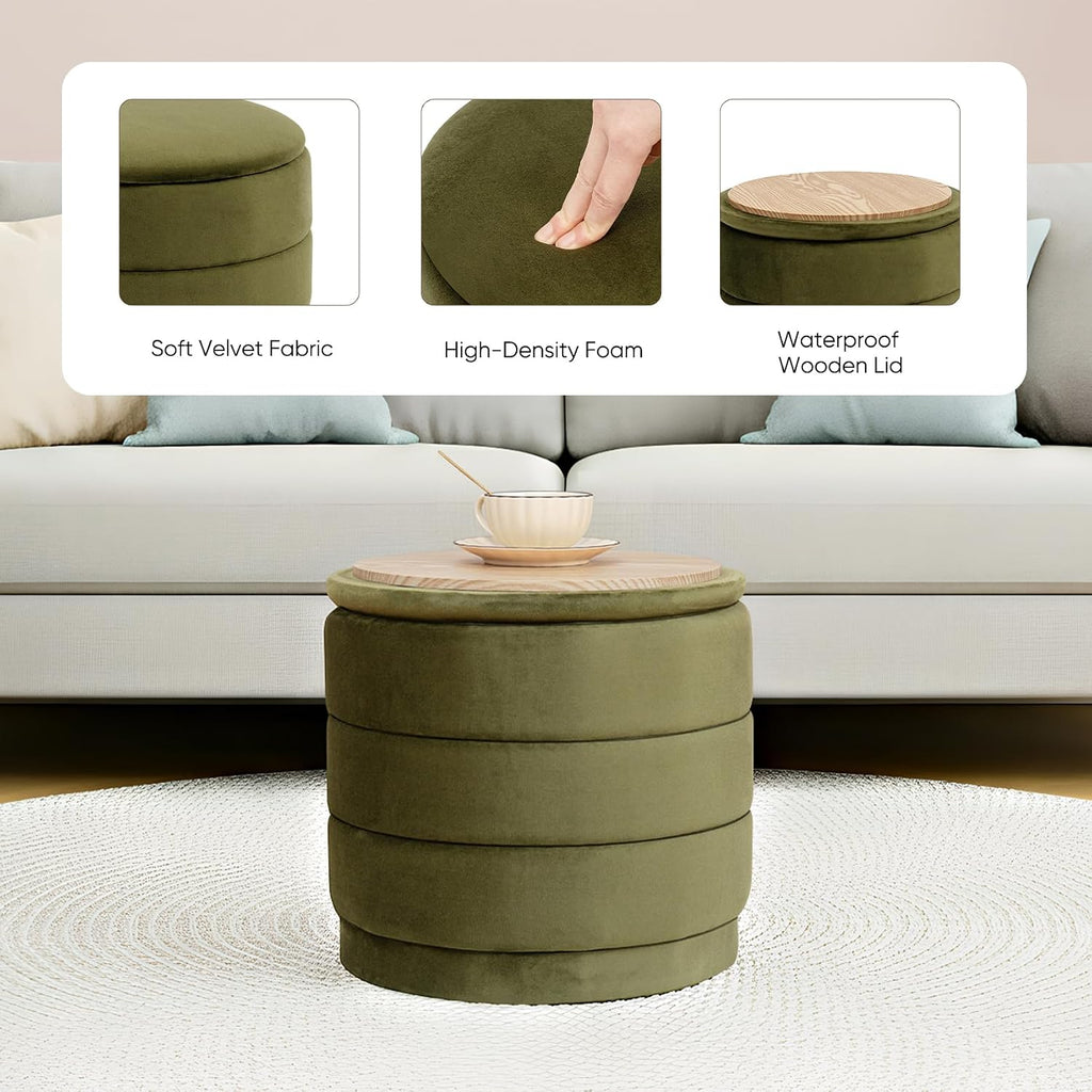 15.4" Round Velvet Storage Ottoman with Reversible Lid, Upholstered Circular Ottoman Footrest with Hidden Storage, Foldable Padded Footstool for Dorm Living Room & Bedroom, Olive Green