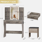 Vanity Desk with LED Lights Mirror & Power Outlet, Small Makeup Vanity Table Set with Storage Drawers & Chair, 3 Lighting Modes & Adjustable Brightness, Dressing Table for Women Girls Bedroom, Grey