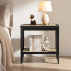 SICOTAS Rattan Nightstands Set of 2 - Boho Shelf Bedside Tables Narrow End Table Living Room Set of 2 Side Table with Storage Shelves for Small Space - Black Oak