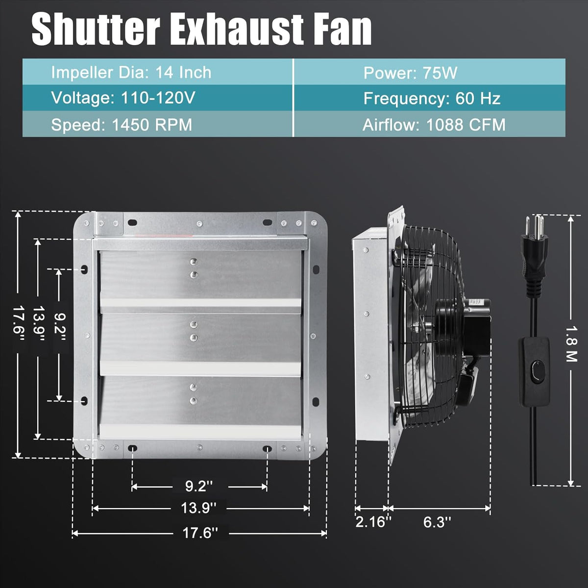 Criditpid 14 Inch Shutter Exhaust Fan with Speed Controller and Power Cord for Garage, Greenhouse, Attic, Chicken Coop, Shop, Shed, Basement Ventilation, 1088 CFM 1450 RPM Wall Mounted Exhaust Fan.