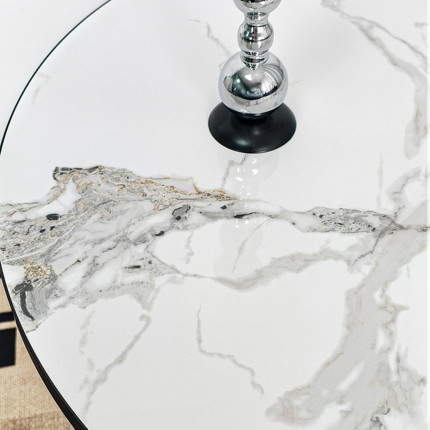 Wisfor Kitchen Dining Table Coffee Table: Round 30 Inch Sintered Stone High Gloss White Tabletop Dinner Tables with Black Round Pedestal Base for Home Bar Shop Restaurant