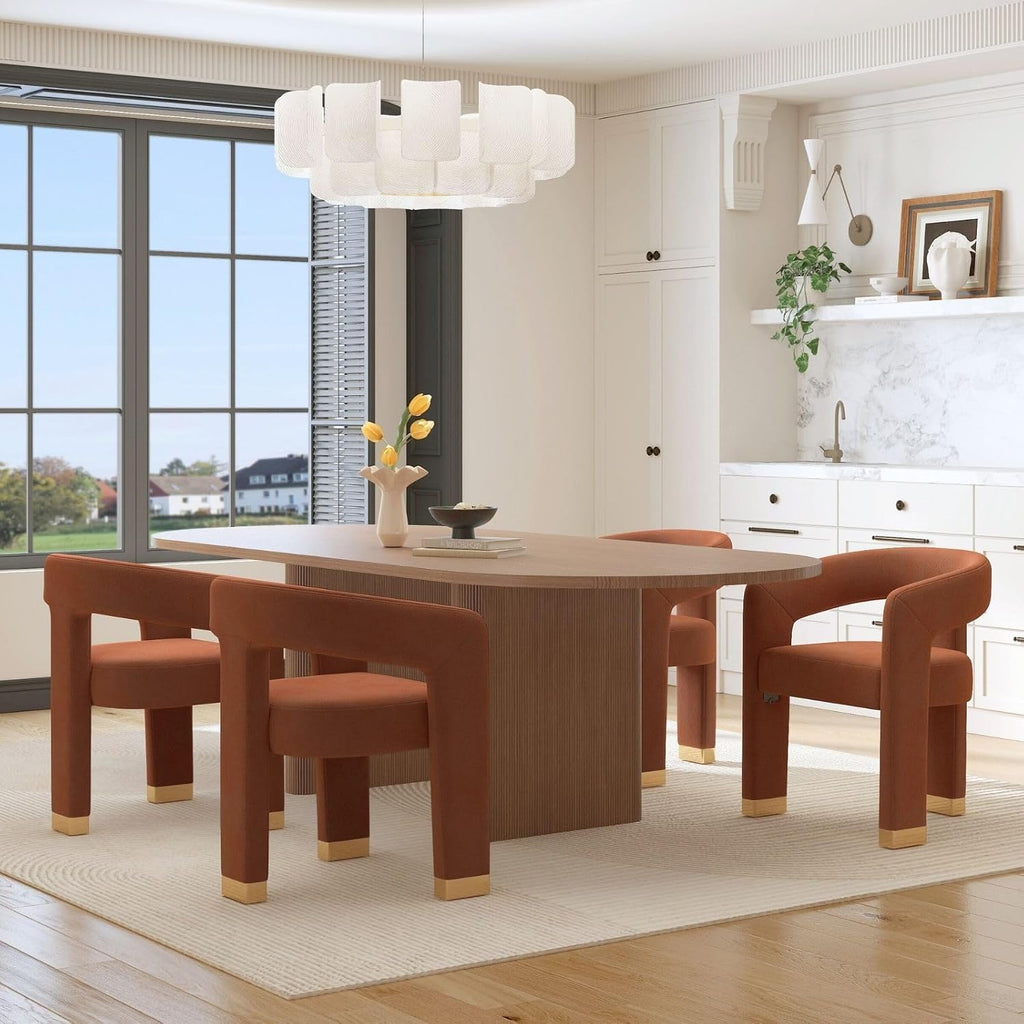 Hyfirm Barrel Dining Chairs Set of 4, Velvet Upholstered Armchairs with Open-Back, Solid Wood Frame, Gold Metal-Trimmed Legs, Pre-Assembled Side Chairs for Kitchen/Dining Room/Living Room, Orange
