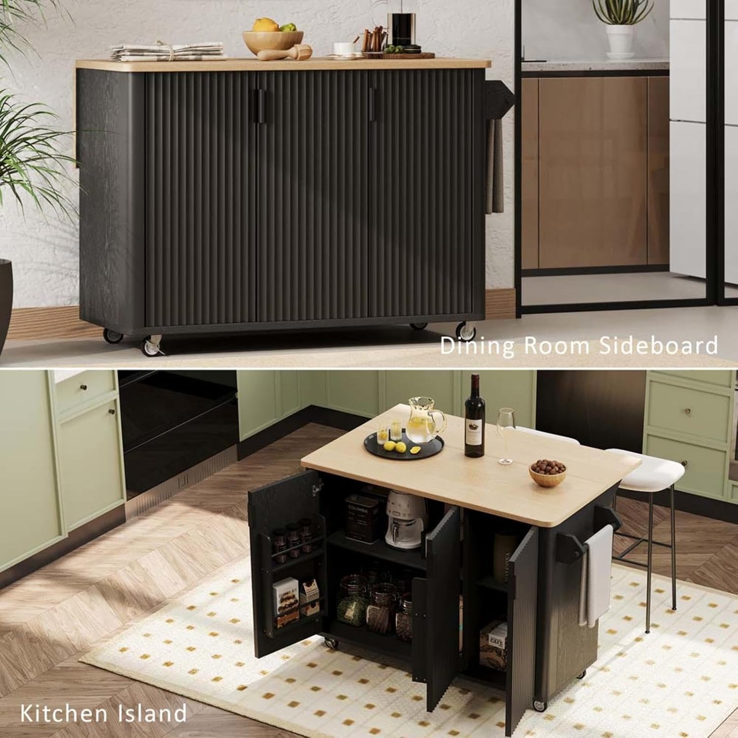 Rolling Kitchen Island with Drop Leaf with Storage and Dining Table, Kitchen Islands with Storage with Wheels Towel Rack， for Kitchen, Dining Room, Black