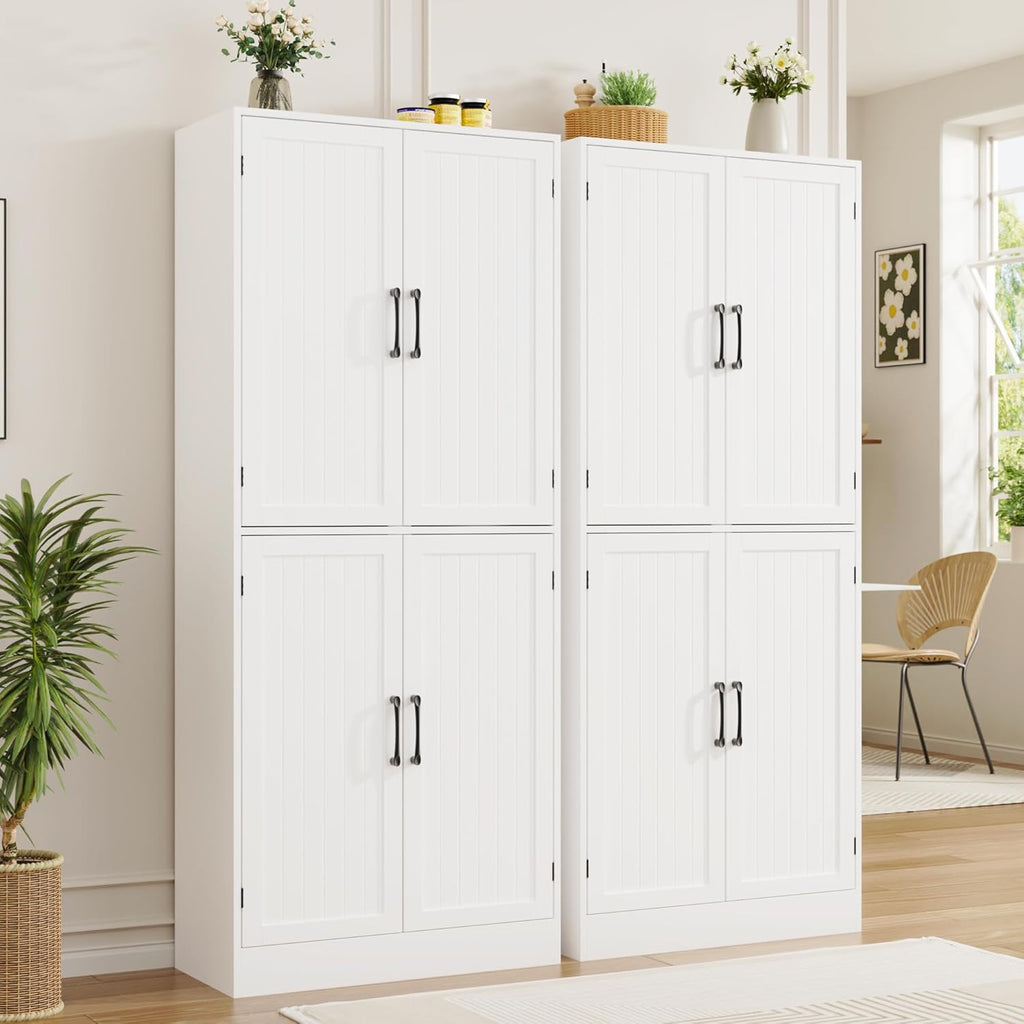 MHOM 71" Tall White Pantry Cabinet, Farmhouse Storage Cabinet with 4 Doors and Adjustable Shelves, Freestanding Pantry for Dining Room, Kitchen, and Living Room