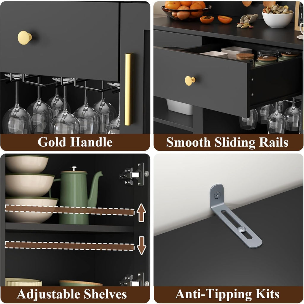 72'' Large Kitchen Pantry Cabinet with LED Light, Black Kitchen Hutch with Pegboard & Wine Racks, Modern Pantry Cupboard with Countertop & Storage Drawers, Tall Bar Cabinet for Dining Room, Home