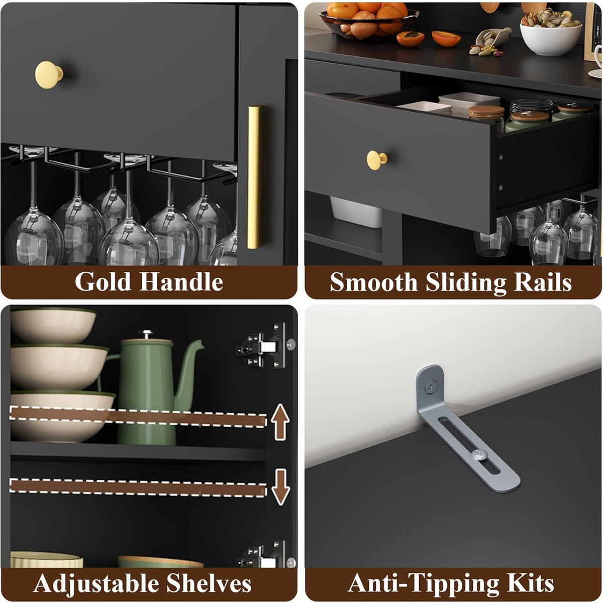 72'' Large Kitchen Pantry Cabinet with LED Light, Black Kitchen Hutch with Pegboard & Wine Racks, Modern Pantry Cupboard with Countertop & Storage Drawers, Tall Bar Cabinet for Dining Room, Home