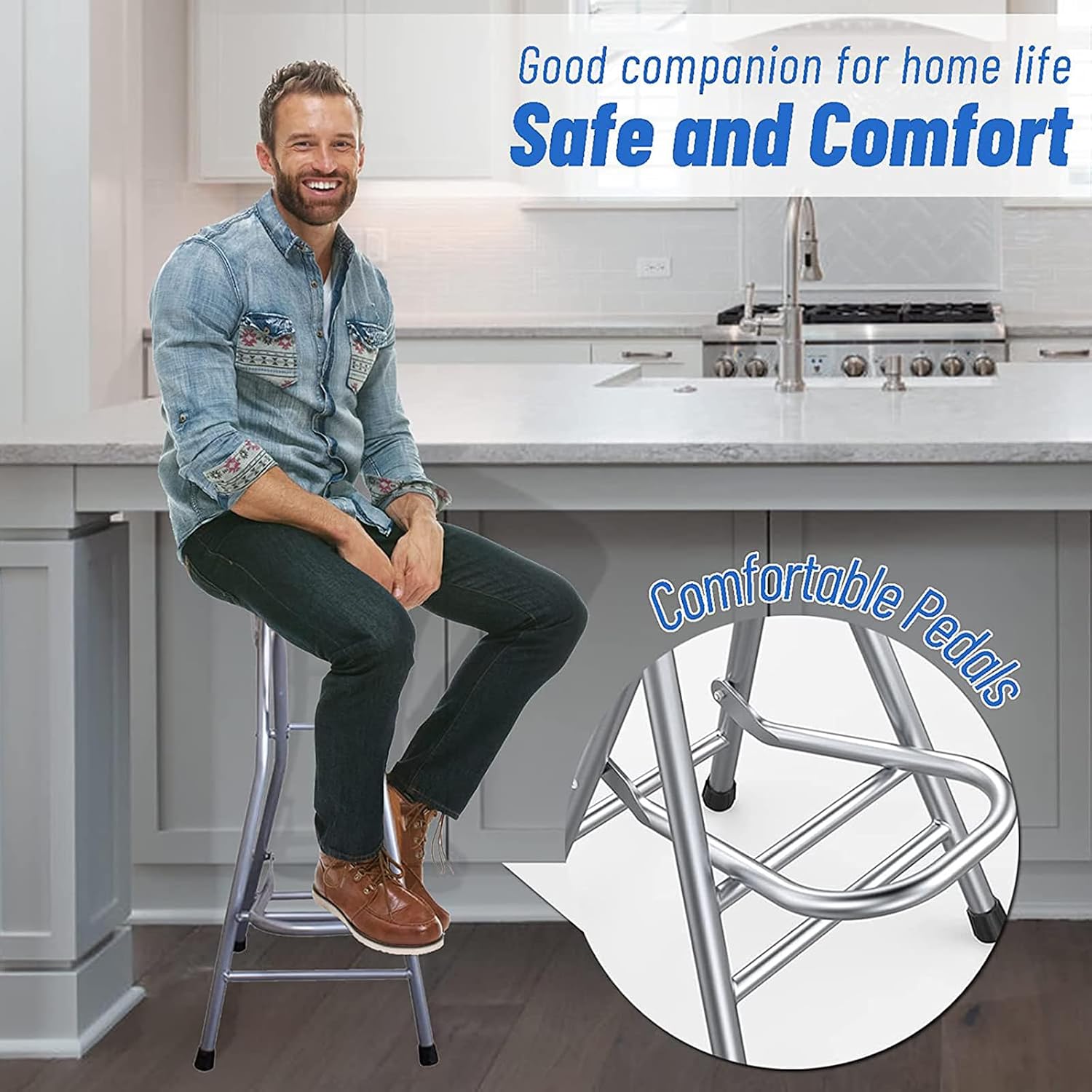 Be&xn Folding Bar Stool, Tall Collapsible Stool Counter Height Folding Stools for Adults Portable, Plastic Barstool Chair for Adults Kitchen Island Guitar (blue, H72xW31cm(28x12inch))