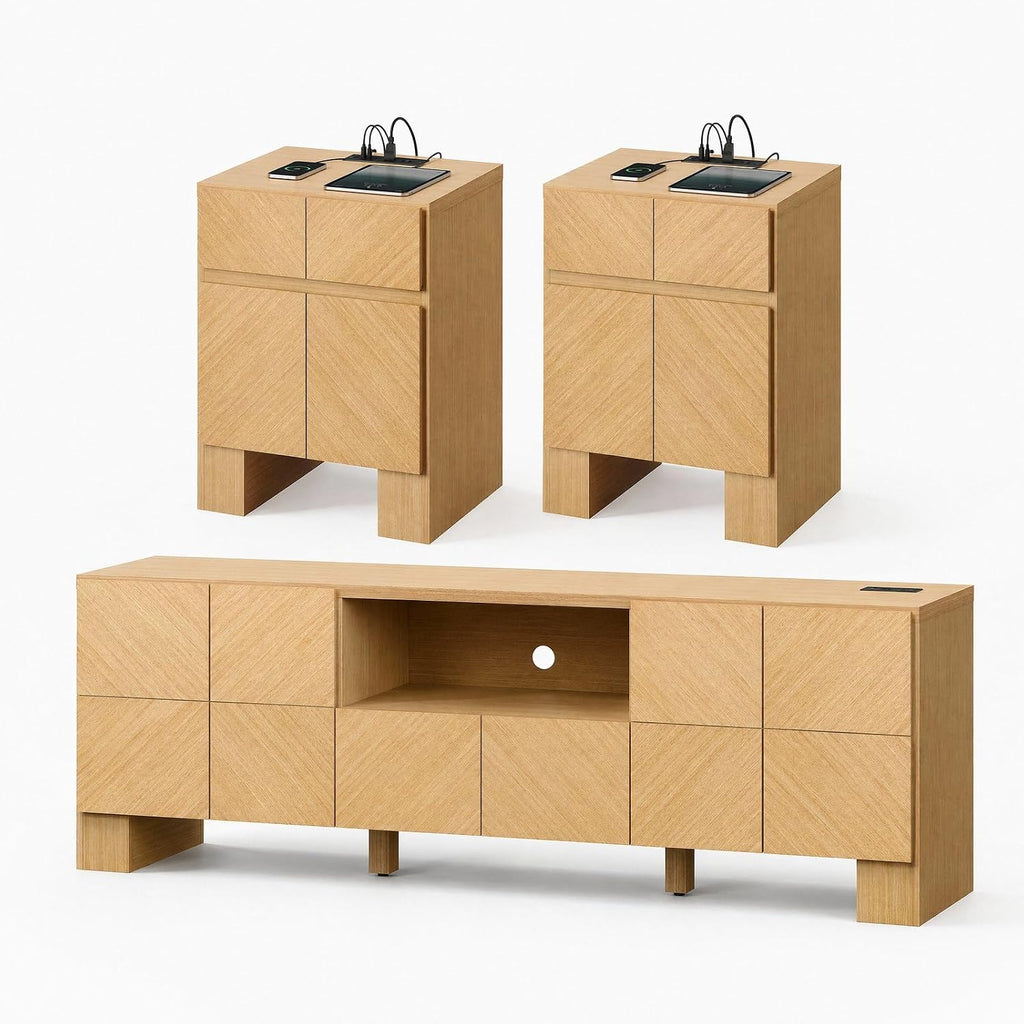 ModernMate Living Room Table Sets of 3, 70" Modern TV Stand & 2 Nightstands with Drawer, Wood Living Room Set with Charging Station & USB Ports, Chevron Pattern Design, Thick Legs, Natural Oak