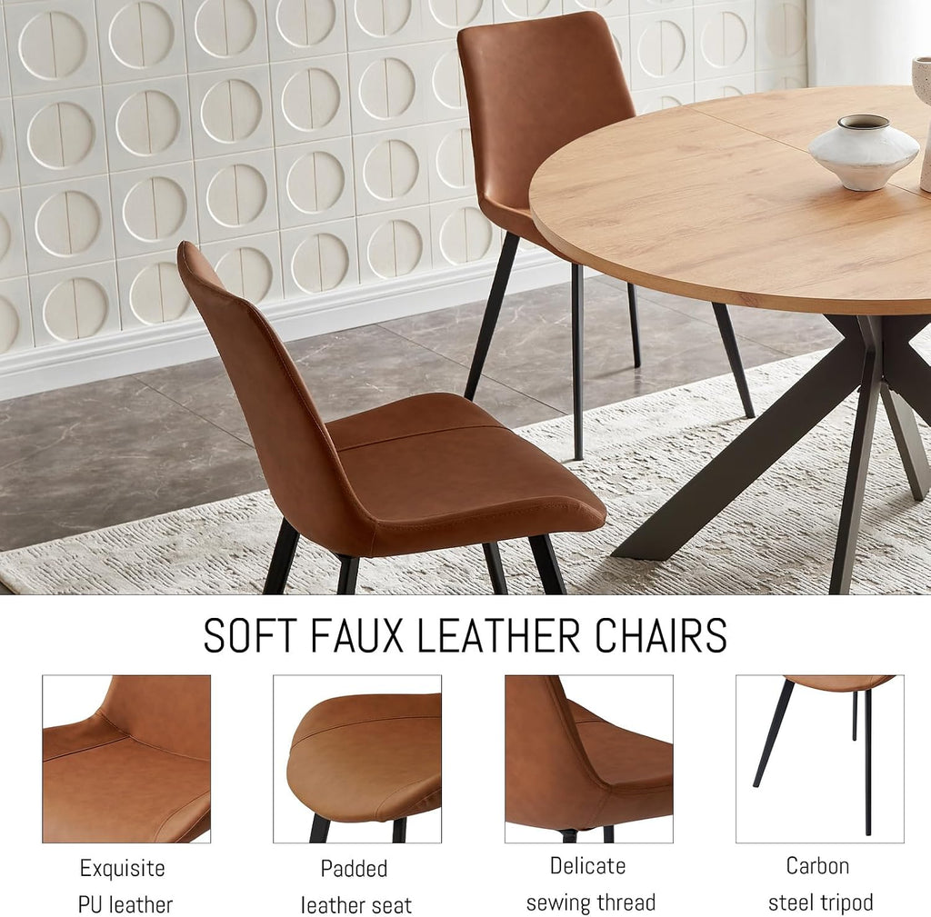 Zerifevni 46.4" Round Dining Table Set, Mid Century Modern Round Dining Table for 4-6 Person, w/Steel Legs, Coffee Table for Kitchen Dining Room, Office, Save Space (1 Table with 4 Brown Chairs)