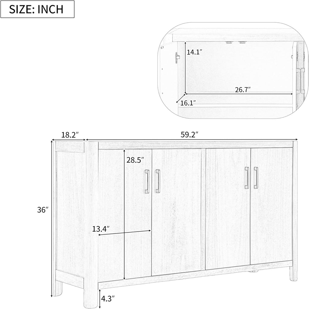 VilroCaz Farmhouse Wood 4-Door Cabinet Sideboard with Smooth Rounded Corners, Rustic Accent Entryway Console Table for Hallway Living Room Dining Room