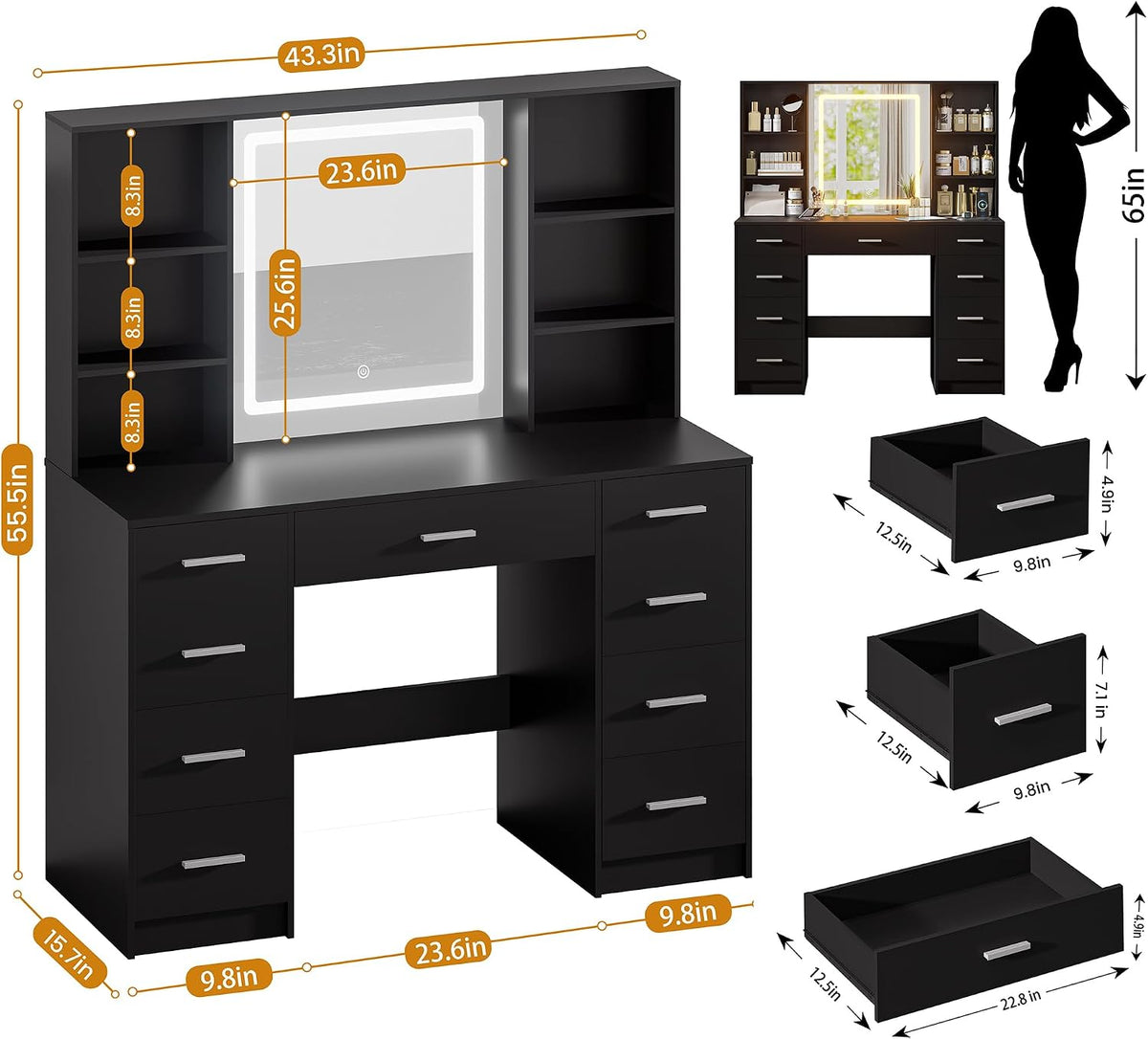 Black Vanity Desk with Mirror and Lights,Makeup Vanity with 9 Drawers, 6 Shelves & Power Outlet,Touch Screen Mirror Dressing Vanity Table, 3 Color Adjustable, Girls Vanity, Bedroom