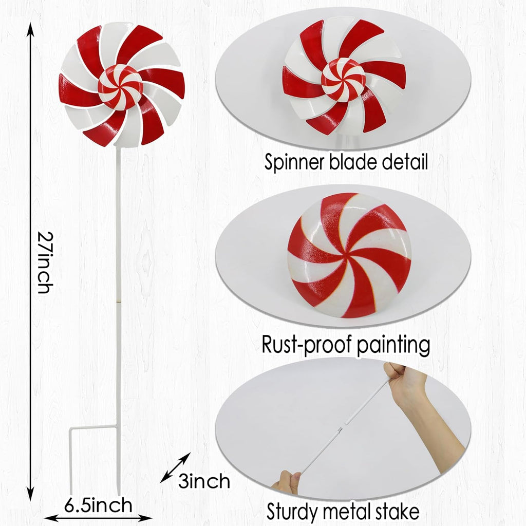 5pcs Wind Spinners Metal Colorful Flowers Garden Stake, Christmas Lollipop Pinwheels, 27" Metal Windmill Yard Art Outside Decorations, Lawn Ornaments Outdoor Garden Décor