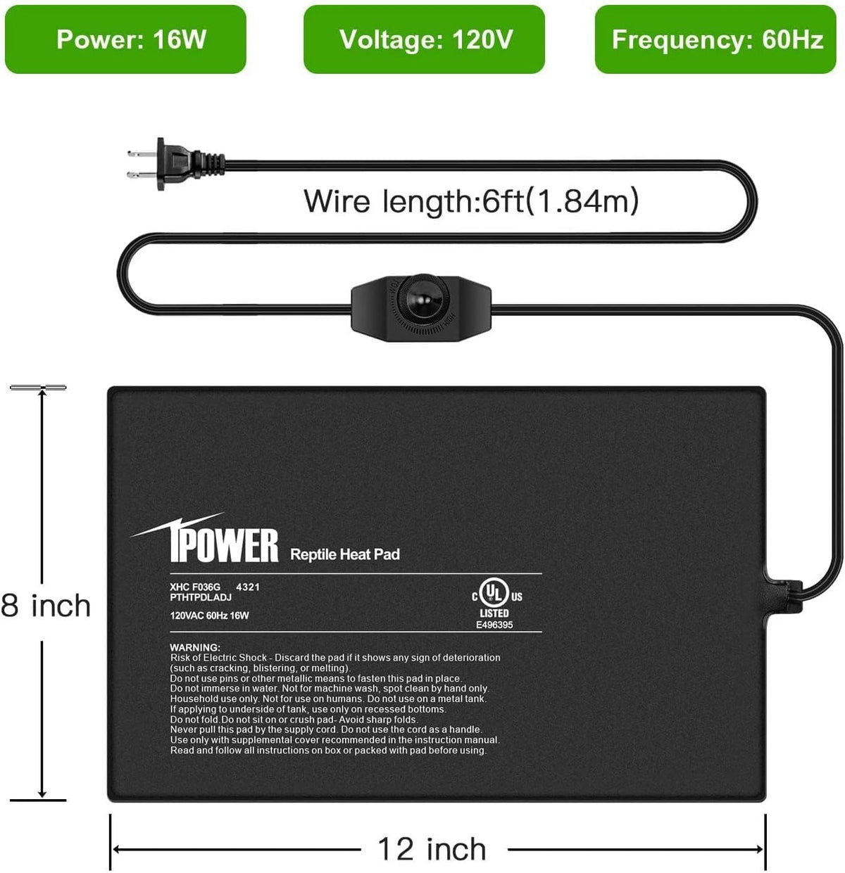 iPower 8 by 12 Inch Reptile Heating Pad with Temperature Adjustable Controller Knob, Under Tank Warmer Terrarium Heat Mat for Reptiles and Amphibians