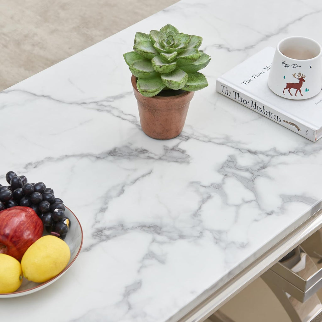 SSLine Modern 4 Piece Living Room Table Set, Includes 1 Coffee Table & 2 End Tables & 1 Console Table, Luxury Faux Marble Coffee Table Set with O-Shape Stainless Steel Base,White Marble& Silver