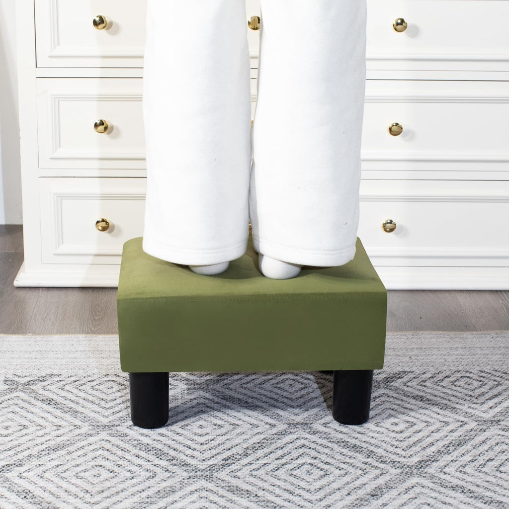 Adeco Small Velvet Foot Stool for Living Room & Bedroom, Boho Chic Upholstered Ottoman Footrest with Thick Padded Seat, Compact Under Desk Stool, 15 inch, Grass Green, Supports 335 lbs