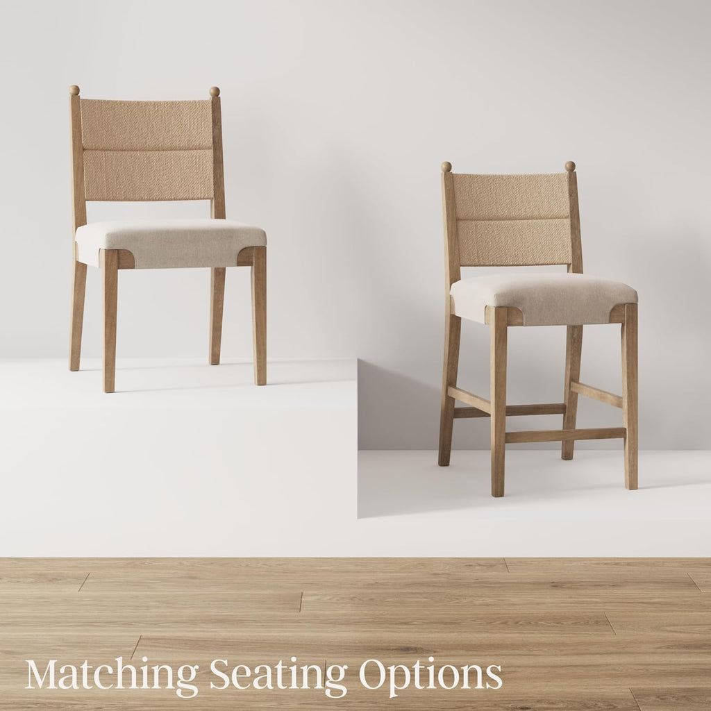 Nathan James Cove Boho Solid Wood Dining Chair with Woven Seagrass Back and Upholstered Seat, Flax/Light Brown