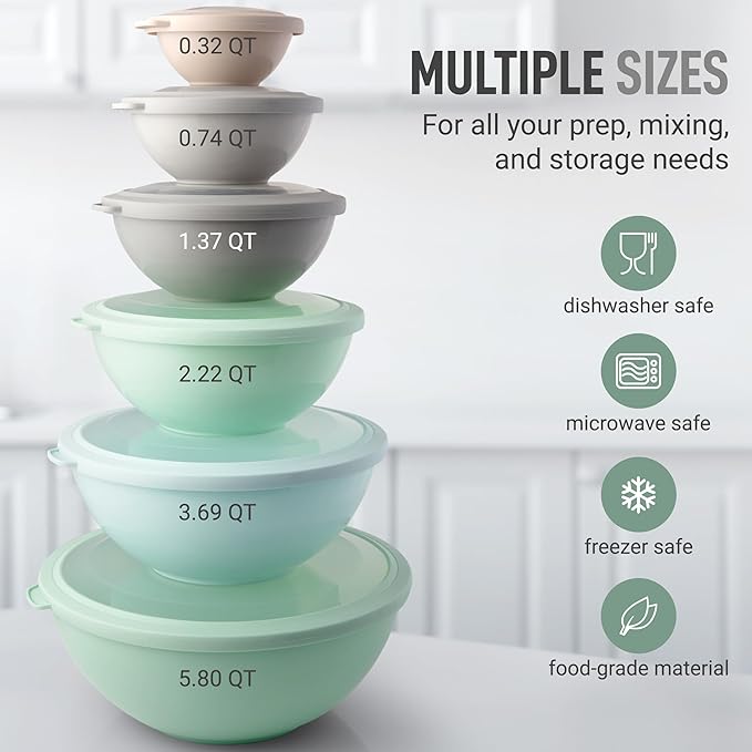 Zulay Kitchen 12 Piece Plastic Nesting Mixing Bowl Set - Colorful Bowls with Lids - Microwave and Freezer Safe (Mint Ombre)
