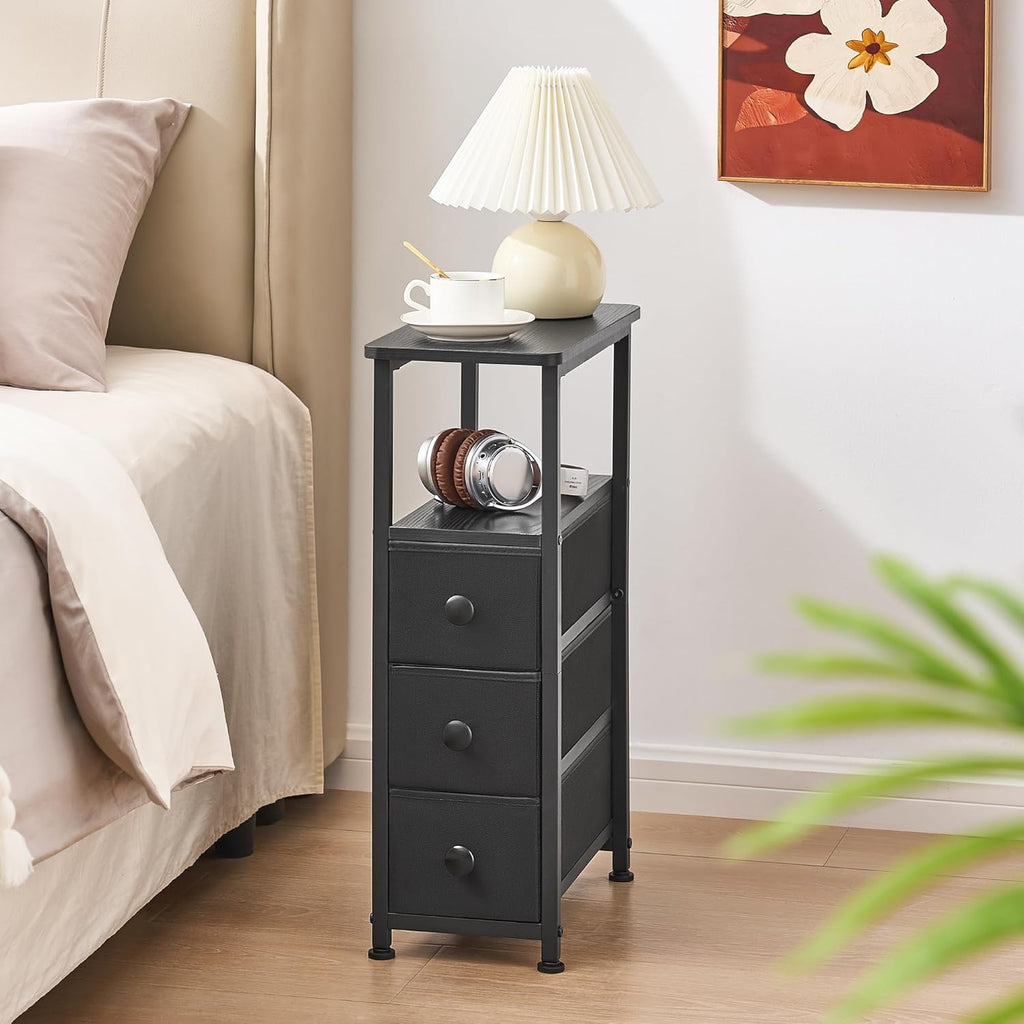 DALEMHOME End Table, Narrow Side Table with 3 Fabric Drawers, Slim Nightstand, Small Bedside Table with Storage, Living Room, Bedroom, Black HKET1300BK