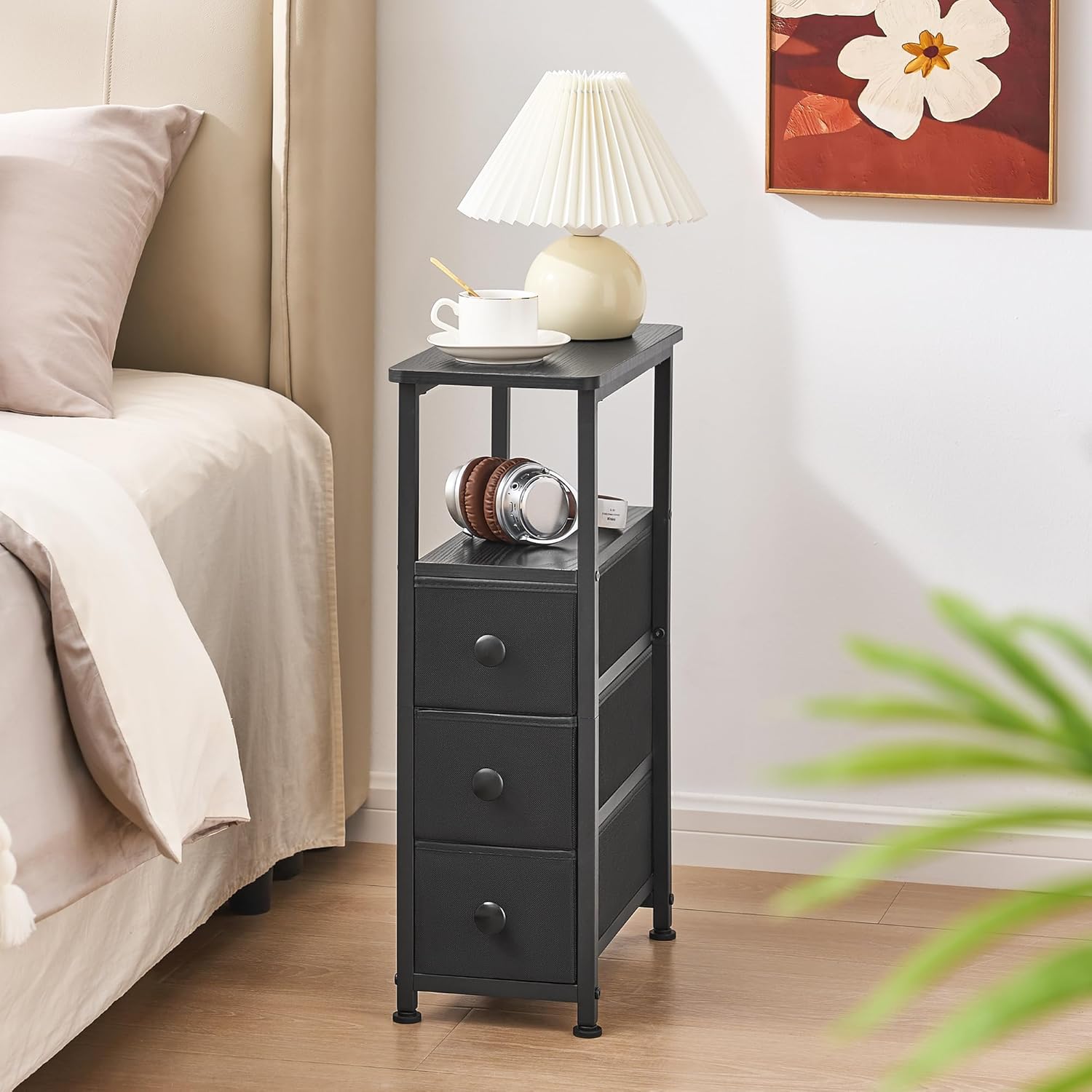 DALEMHOME End Table, Narrow Side Table with 3 Fabric Drawers, Slim Nightstand, Small Bedside Table with Storage, Living Room, Bedroom, Black HKET1300BK