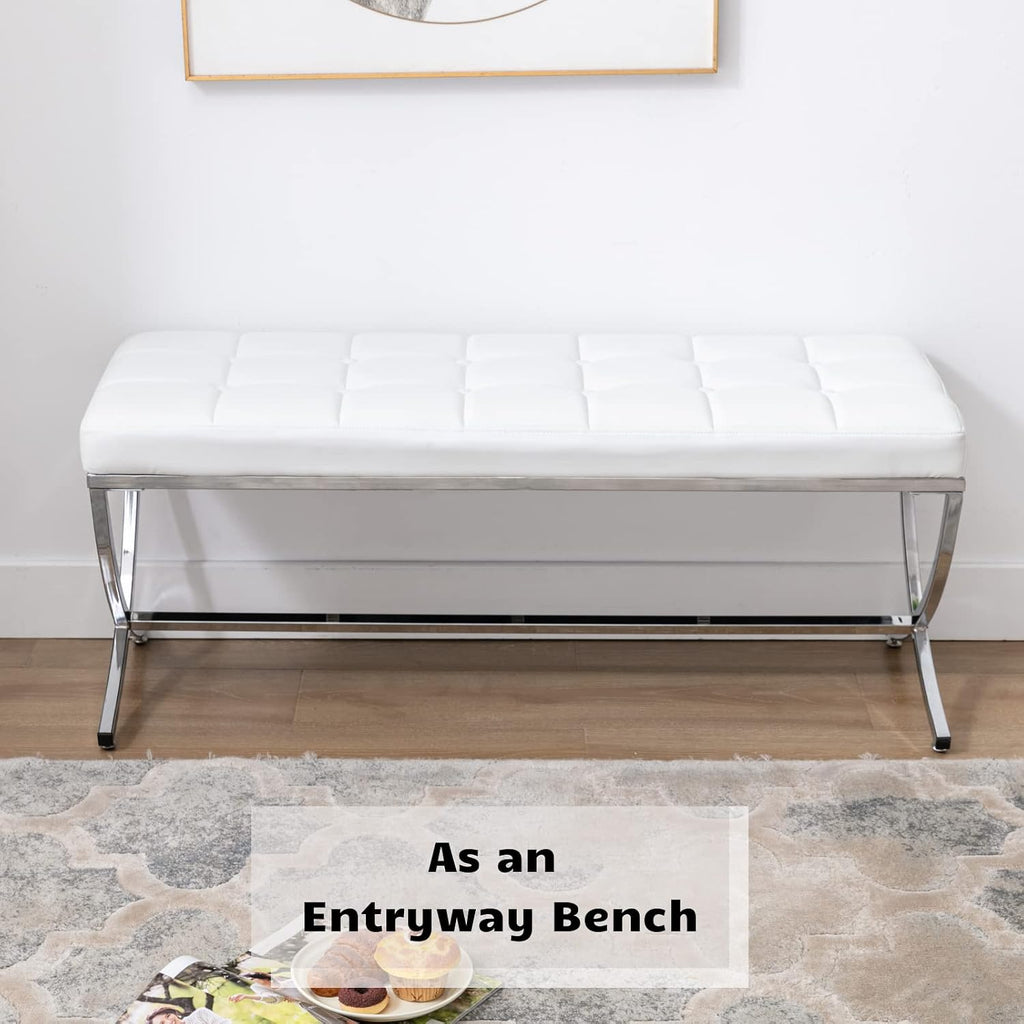 HEAH-YO Modern Button Tufted Bench, PU Faux Leather Ottoman Dining Bench, Stylish Footstool for Entryway Bedroom Kitchen Dining Table, White