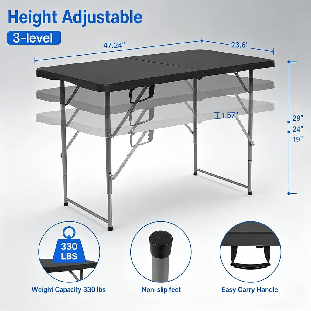 Dkeli Folding Table 4/6 Foot Indoor Outdoor Heavy Duty Plastic Table Portable Fold Up Desk Utility Camping Dining Party Table, Easy to Assemble, White (Black, 4 Foot)
