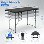 Dkeli Folding Table 4/6 Foot Indoor Outdoor Heavy Duty Plastic Table Portable Fold Up Desk Utility Camping Dining Party Table, Easy to Assemble, White (Black, 4 Foot)