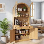 75" Farmhouse Tall Arched Pantry Cabinet with Charging Station, Adjustable Shelves, Coffee Bar Open Countertop, Oak (Oak + MDF)